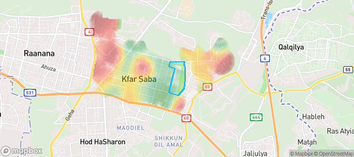 מפת חום של מחירי הנדל"ן בשכונת מזרח 5, כפר סבא — אזורים יקרים בגווני חם, אזורים זולים בגווני קר