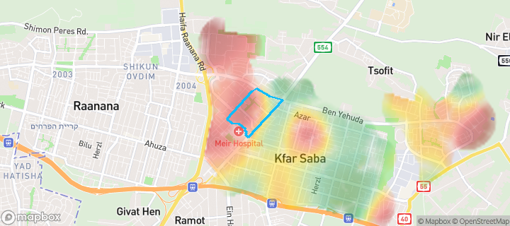 מפת חום של מחירי הנדל"ן בשכונת מערב 1, כפר סבא — אזורים יקרים בגווני חם, אזורים זולים בגווני קר