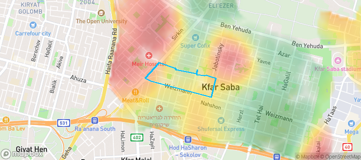 מפת חום של מחירי הנדל"ן בשכונת מערב 3, כפר סבא — אזורים יקרים בגווני חם, אזורים זולים בגווני קר