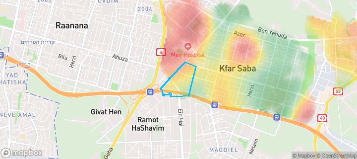 מפת חום של מחירי הנדל"ן בשכונת מערב 4, כפר סבא — אזורים יקרים בגווני חם, אזורים זולים בגווני קר