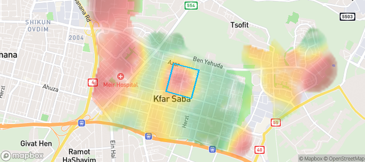 מפת חום של מחירי הנדל"ן בשכונת מרכז, כפר סבא — אזורים יקרים בגווני חם, אזורים זולים בגווני קר