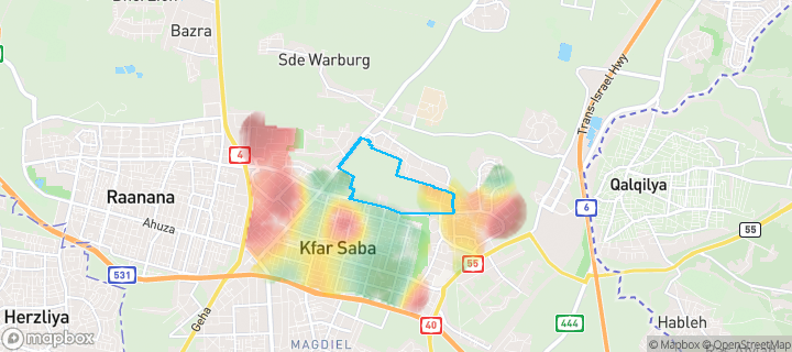 מפת חום של מחירי הנדל"ן בשכונת צפון מזרח, כפר סבא — אזורים יקרים בגווני חם, אזורים זולים בגווני קר