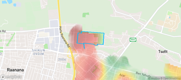 מפת חום של מחירי הנדל"ן בשכונת צפון מערב 1, כפר סבא — אזורים יקרים בגווני חם, אזורים זולים בגווני קר