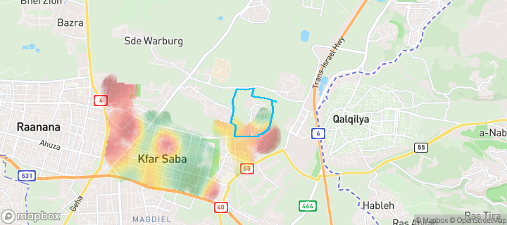 מפת חום של מחירי הנדל"ן בשכונת קפלן, כפר סבא — אזורים יקרים בגווני חם, אזורים זולים בגווני קר