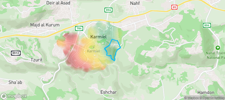 מפת חום של מחירי הנדל"ן בשכונת אשכול, כרמיאל — אזורים יקרים בגווני חם, אזורים זולים בגווני קר