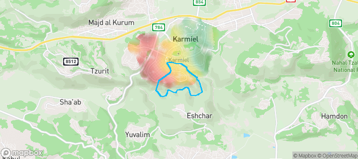 מפת חום של מחירי הנדל"ן בשכונת גבעת מכוש, כרמיאל — אזורים יקרים בגווני חם, אזורים זולים בגווני קר