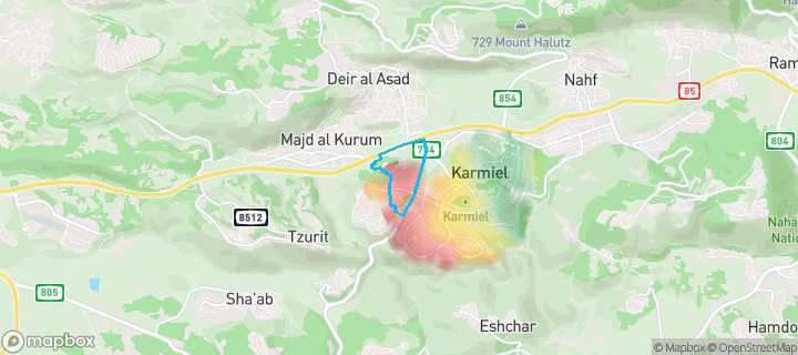 מפת חום של מחירי הנדל"ן בשכונת גבעת רם, כרמיאל — אזורים יקרים בגווני חם, אזורים זולים בגווני קר