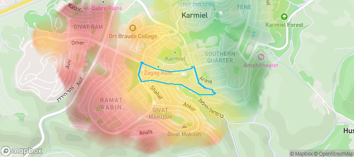 מפת חום של מחירי הנדל"ן בשכונת האירוסים, כרמיאל — אזורים יקרים בגווני חם, אזורים זולים בגווני קר