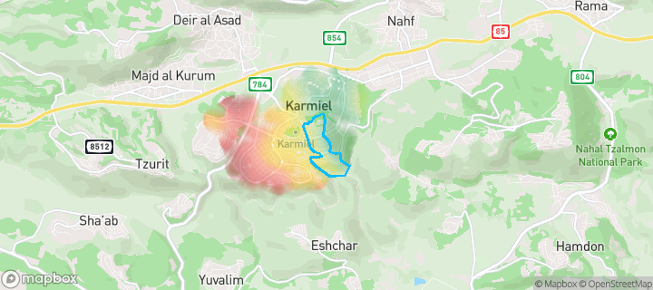 מפת חום של מחירי הנדל"ן בשכונת הערבה, כרמיאל — אזורים יקרים בגווני חם, אזורים זולים בגווני קר