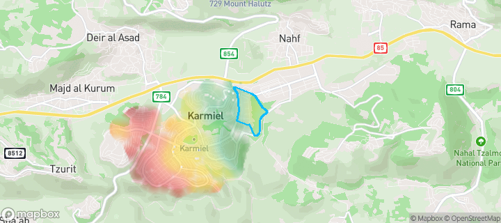 מפת חום של מחירי הנדל"ן בשכונת שיכון המייסדים, כרמיאל — אזורים יקרים בגווני חם, אזורים זולים בגווני קר