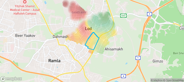 מפת חום של מחירי הנדל"ן בשכונת לוד הצעירה, לוד — אזורים יקרים בגווני חם, אזורים זולים בגווני קר