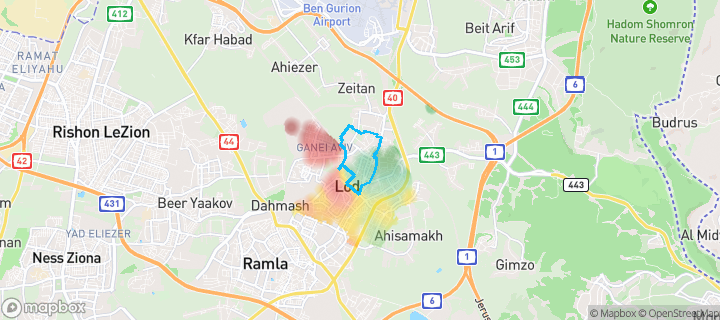 מפת חום של מחירי הנדל"ן בשכונת רמת אלישיב, לוד — אזורים יקרים בגווני חם, אזורים זולים בגווני קר