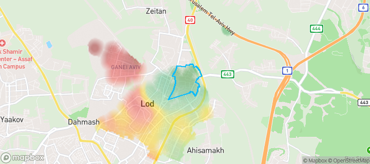 מפת חום של מחירי הנדל"ן בשכונת רמת אשכול, לוד — אזורים יקרים בגווני חם, אזורים זולים בגווני קר