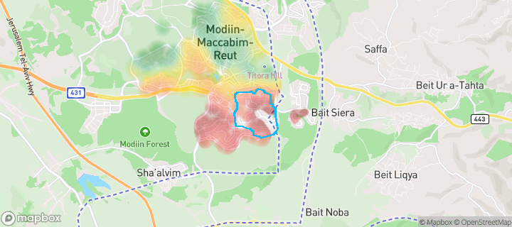 מפת חום של מחירי הנדל"ן בשכונת רעות, מודיעין מכבים רעות — אזורים יקרים בגווני חם, אזורים זולים בגווני קר
