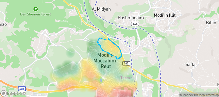 מפת חום של מחירי הנדל"ן בשכונת הכרמים, מודיעין-מכבים-רעות — אזורים יקרים בגווני חם, אזורים זולים בגווני קר