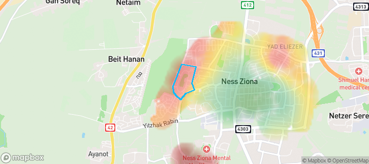 מפת חום של מחירי הנדל"ן בשכונת ארגמן, נס ציונה — אזורים יקרים בגווני חם, אזורים זולים בגווני קר