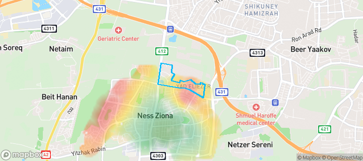 מפת חום של מחירי הנדל"ן בשכונת גבעת הצבר, נס ציונה — אזורים יקרים בגווני חם, אזורים זולים בגווני קר