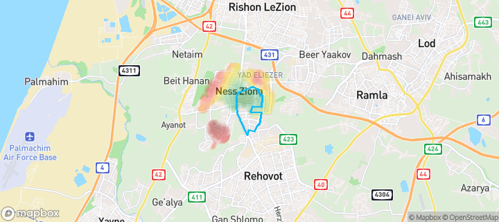 מפת חום של מחירי הנדל"ן בשכונת גבעת נוף, נס ציונה — אזורים יקרים בגווני חם, אזורים זולים בגווני קר