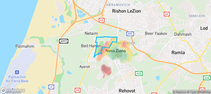מפת חום של מחירי הנדל"ן בשכונת גני איריס, נס ציונה — אזורים יקרים בגווני חם, אזורים זולים בגווני קר