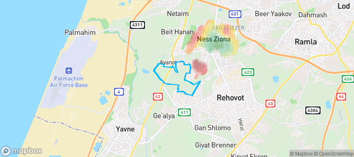 מפת חום של מחירי הנדל"ן בשכונת דרום מערב, נס ציונה — אזורים יקרים בגווני חם, אזורים זולים בגווני קר