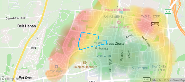 מפת חום של מחירי הנדל"ן בשכונת הדרי סמל, נס ציונה — אזורים יקרים בגווני חם, אזורים זולים בגווני קר