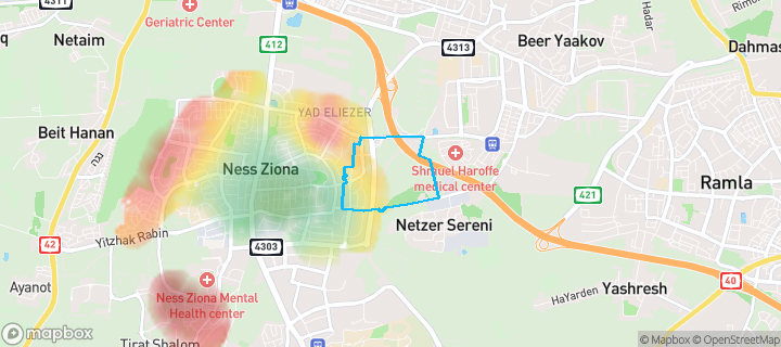 מפת חום של מחירי הנדל"ן בשכונת לב המושבה, נס ציונה — אזורים יקרים בגווני חם, אזורים זולים בגווני קר
