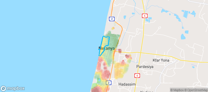 מפת חום של מחירי הנדל"ן בשכונת מכנס, נתניה — אזורים יקרים בגווני חם, אזורים זולים בגווני קר