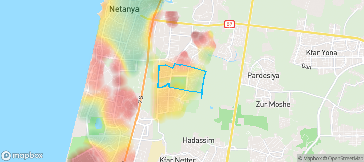 מפת חום של מחירי הנדל"ן בשכונת משכנות זבולון, נתניה — אזורים יקרים בגווני חם, אזורים זולים בגווני קר