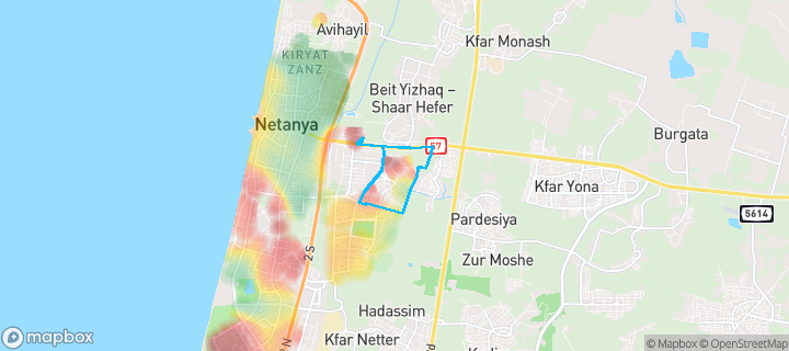 מפת חום של מחירי הנדל"ן בשכונת נאות גנים, נתניה — אזורים יקרים בגווני חם, אזורים זולים בגווני קר