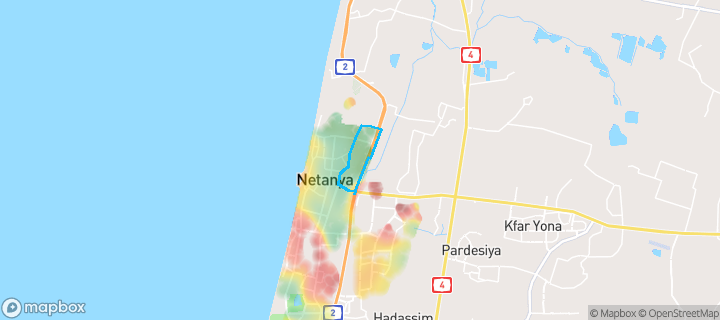 מפת חום של מחירי הנדל"ן בשכונת נאות הרצל, נתניה — אזורים יקרים בגווני חם, אזורים זולים בגווני קר