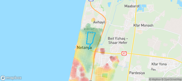 מפת חום של מחירי הנדל"ן בשכונת שיכון המזרחי, נתניה — אזורים יקרים בגווני חם, אזורים זולים בגווני קר