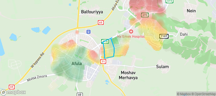 מפת חום של מחירי הנדל"ן בשכונת דרום, עפולה — אזורים יקרים בגווני חם, אזורים זולים בגווני קר