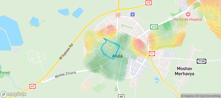 מפת חום של מחירי הנדל"ן בשכונת מערב 4, עפולה — אזורים יקרים בגווני חם, אזורים זולים בגווני קר