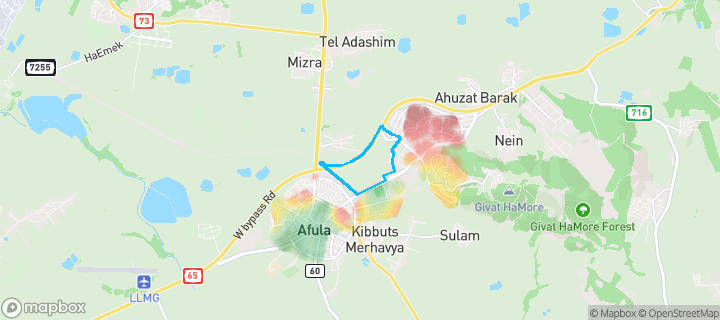 מפת חום של מחירי הנדל"ן בשכונת צפון, עפולה — אזורים יקרים בגווני חם, אזורים זולים בגווני קר