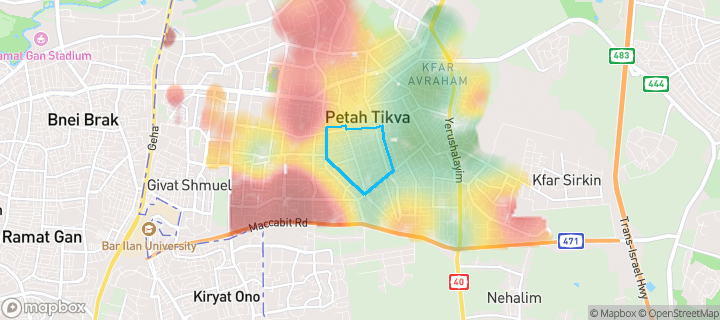 מפת חום של מחירי הנדל"ן בשכונת המרכז השקט, פתח תקווה — אזורים יקרים בגווני חם, אזורים זולים בגווני קר