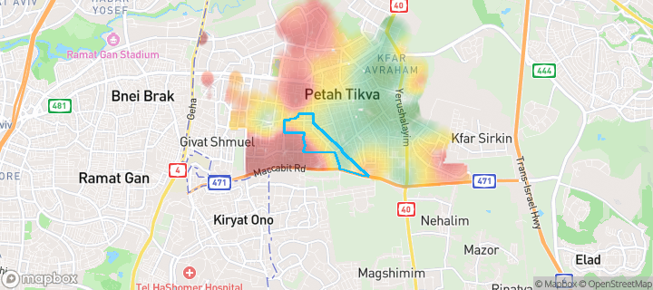 מפת חום של מחירי הנדל"ן בשכונת כפר גנים ב, פתח תקווה — אזורים יקרים בגווני חם, אזורים זולים בגווני קר