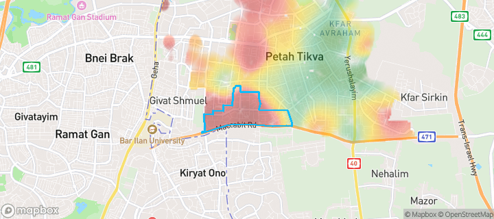 מפת חום של מחירי הנדל"ן בשכונת כפר גנים ג', פתח תקווה — אזורים יקרים בגווני חם, אזורים זולים בגווני קר
