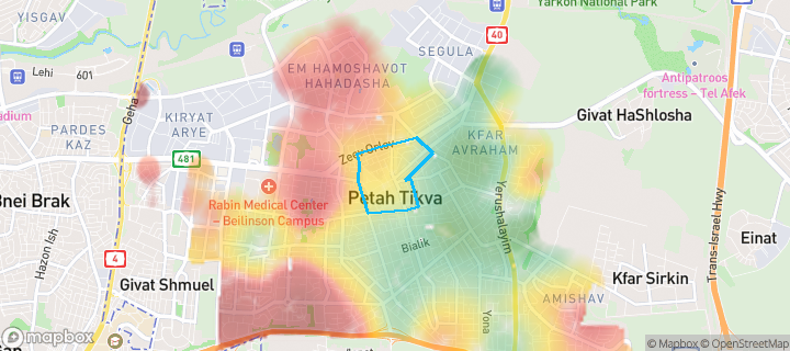 מפת חום של מחירי הנדל"ן בשכונת לב המושבה, פתח תקווה — אזורים יקרים בגווני חם, אזורים זולים בגווני קר