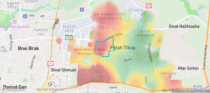 מפת חום של מחירי הנדל"ן בשכונת רמת ורבר, פתח תקווה — אזורים יקרים בגווני חם, אזורים זולים בגווני קר