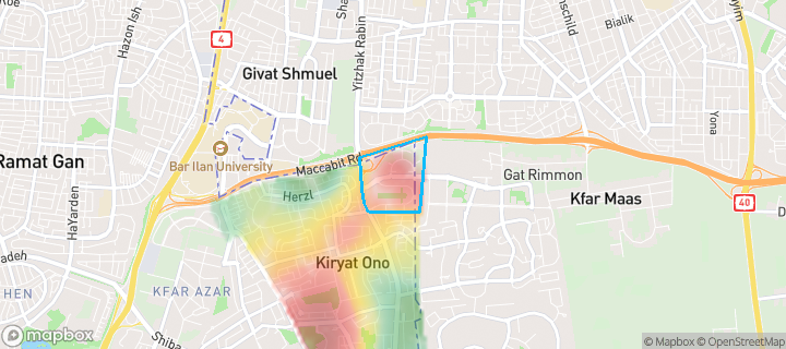 מפת חום של מחירי הנדל"ן בשכונת פסגת אונו, קריית אונו — אזורים יקרים בגווני חם, אזורים זולים בגווני קר