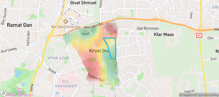 מפת חום של מחירי הנדל"ן בשכונת צפון מזרח, קריית אונו — אזורים יקרים בגווני חם, אזורים זולים בגווני קר
