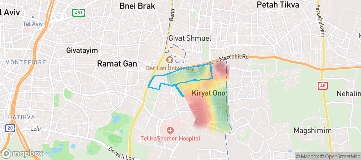 מפת חום של מחירי הנדל"ן בשכונת רמת אילן, קריית אונו — אזורים יקרים בגווני חם, אזורים זולים בגווני קר