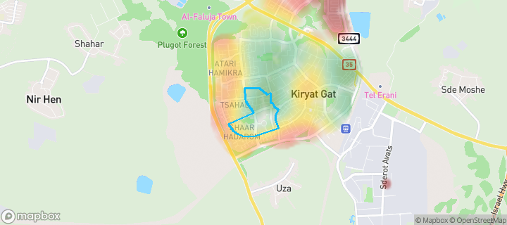 מפת חום של מחירי הנדל"ן בשכונת ההעפלה, קריית גת — אזורים יקרים בגווני חם, אזורים זולים בגווני קר