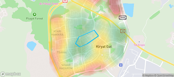 מפת חום של מחירי הנדל"ן בשכונת הנביאים, קריית גת — אזורים יקרים בגווני חם, אזורים זולים בגווני קר