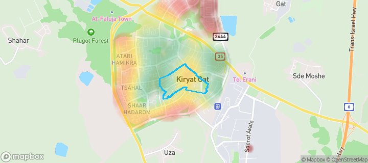 מפת חום של מחירי הנדל"ן בשכונת הפרחים, קריית גת — אזורים יקרים בגווני חם, אזורים זולים בגווני קר