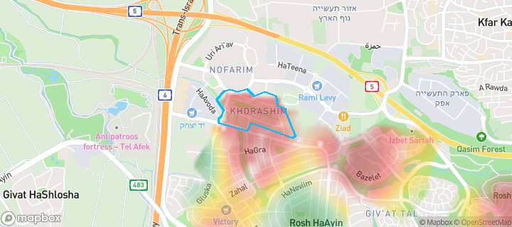 מפת חום של מחירי הנדל"ן בשכונת חורשים, ראש העין — אזורים יקרים בגווני חם, אזורים זולים בגווני קר
