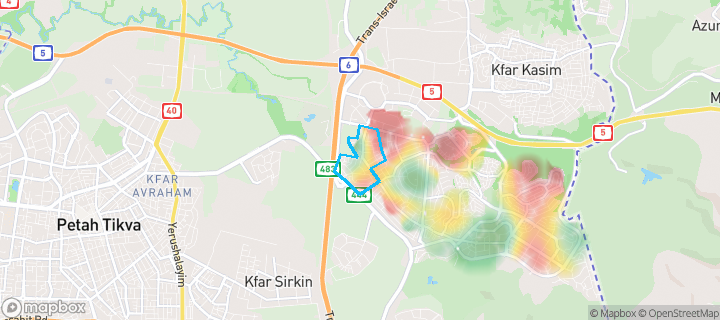 מפת חום של מחירי הנדל"ן בשכונת רמב"ם, ראש העין — אזורים יקרים בגווני חם, אזורים זולים בגווני קר