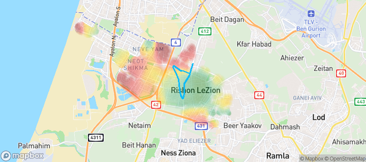 מפת חום של מחירי הנדל"ן בשכונת אברמוביץ', ראשון לציון — אזורים יקרים בגווני חם, אזורים זולים בגווני קר