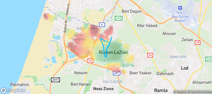 מפת חום של מחירי הנדל"ן בשכונת אברמוביץ, ראשון לציון — אזורים יקרים בגווני חם, אזורים זולים בגווני קר