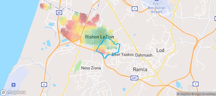 מפת חום של מחירי הנדל"ן בשכונת גורדון, ראשון לציון — אזורים יקרים בגווני חם, אזורים זולים בגווני קר